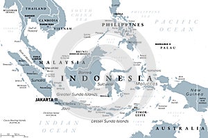 Indonesia, a country in Southeast Asia and Oceania, gray political map