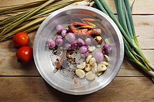 Indonesia herbs and spices on wooden table