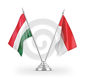 Indonesia and Hungary table flags isolated on white 3D rendering