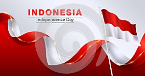 Indonesia Independence Day banner with red and white waving ribbon