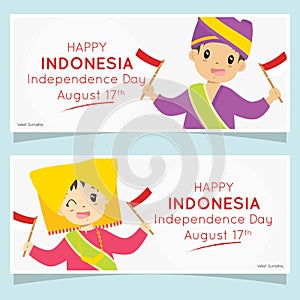 Indonesia Independence Day Banner. West Sumatra, Padang Children Holding Flags. Cartoon Vector Design