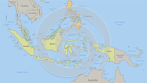 Indonesia, Malaysia, Philippines map and islands classic color, individual states and city whit names