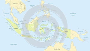 Indonesia map detailed with neighboring states, islands with names, classic maps design