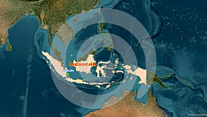 Indonesia map and its capital city Jakarta on the world background