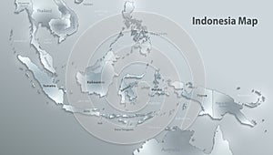 Indonesia map, state names, separate states, individual region, glass card paper 3D