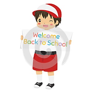 Indonesia Student Boy Holding Back To School Banner Character Vector