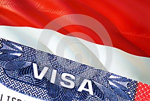 Indonesia Visa Document, with Indonesia flag in background. Indonesia flag with Close up text VISA on USA visa stamp in passport,