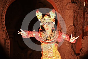 Indonesian actress with traditional dress during a typical barong dance performance in Ubud theatre in Bali, Indonesia
