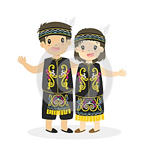 Kids in Dayak Traditional Dress Cartoon Vector