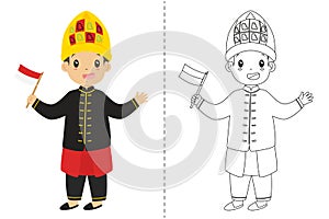 Indonesian Boy Wearing Aceh Traditional Dress. Outline Cartoon Vector for Coloring Page