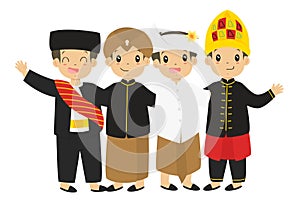 Indonesian Boys Wearing Traditional Dress Cartoon Vector