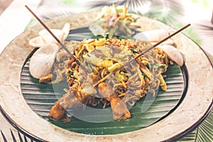 Indonesian chicken satay or Sate Ayam. Indonesian balinese traditional food. Bali island.