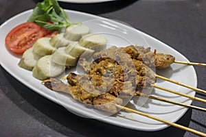 Indonesian Chicken Satay on a white plate