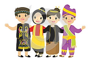Indonesian Boys and Girls Wearing Traditional Dress Cartoon Vector photo