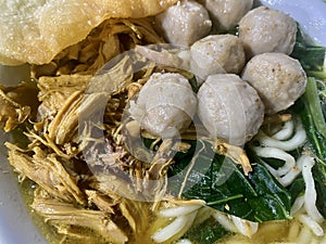 Indonesian food, mie ayam bakso, noodles with chicken and served with meatballs