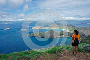 Indonesian girl on Padar island in the waters of the Komodo Islands