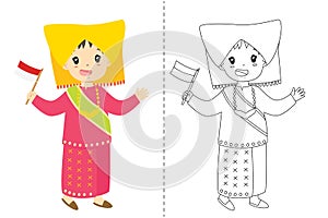 Indonesian Girl Wearing Padang Traditional Dress. Outline Cartoon Vector for Coloring Page