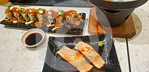 Indonesian japanese fusion food, japanese food cook in indonesian style, gyukatsu, beef karage, salad, and tofu soup