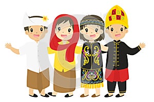 Indonesian Kids Wearing Traditional Dress Cartoon Vector