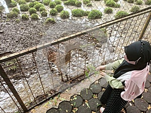 Indonesian little girl with mask feeding a small deer