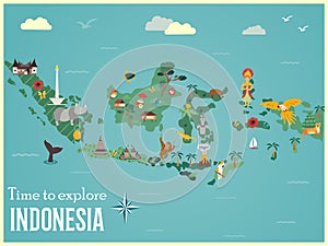 Indonesian map with animals and landmarks photo
