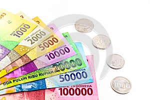 indonesian money all nominal cash and coin isolated white background. rupiah currency