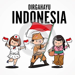 Doodle cute kids hold indonesian flag. dirgahayu indonesia mean happy independence day of indonesia