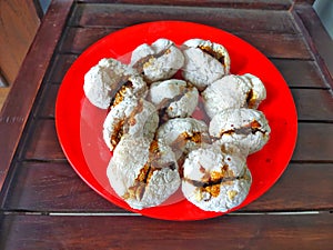 Indonesian specialties Roasted sago pempek served on a red plate