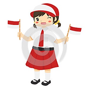 Indonesian Student Girl Holding Indonesia Flags Character Vector