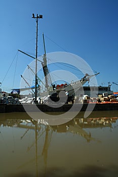 Indonesian traditional Phinisi ship at harbour