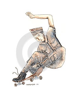 Indonesian war heroes with skateboard in watercolor