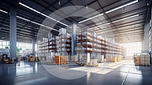 indoor architecture structure of an modern logistics warehouse.