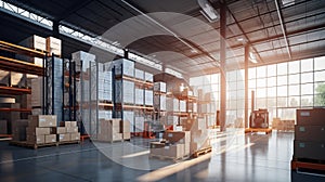 indoor architecture structure of an modern logistics warehouse.