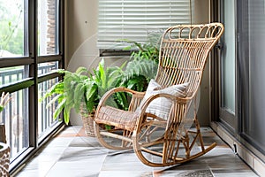 indoor balcony with bamboo rocking chair and potted ferns