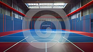 Indoor Basketball Court with Blue Ceilings and Red Walls in 32k UHD photo