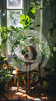 Indoor collection of potted plants by a sunny window