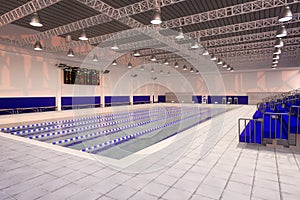 Indoor competition swimming pool viewed from the corner. 3D illustration