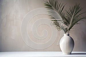 indoor decor shadows vase wall design home sunlight concrete tree interior palm. Generative AI.