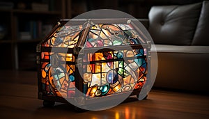 Indoor decoration old fashioned, illuminated stained glass window, vibrant colors generated by AI