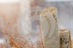 Indoor decoration on rainy day window background in vintage tone