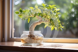 Indoor decorative and deciduous plants on the windowsill of a sunlit room