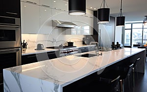 Indoor dining room appearance. Modern kitchen, interior, minimalistic scandinavian design. AI Generative