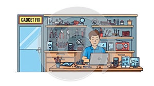 Indoor electronics repair shop with tools and