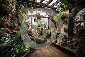 indoor garden with variety of plants, flowers, and greenery