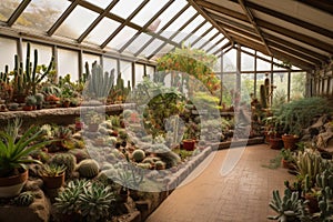 indoor garden with a variety of plants, including succulent and flowering specimens