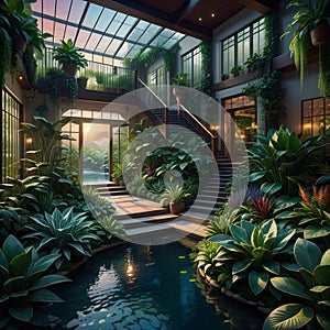 The indoor garden was beautiful, with plants and waterways.