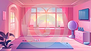 An indoor gym room for yoga exercises and sport exercise modern background. Mat, dumbbells, elliptical trainer, drawers