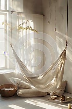 Indoor hammock in a sunlit room with sheer curtains and hanging plant. Relaxation and interior design concept design for