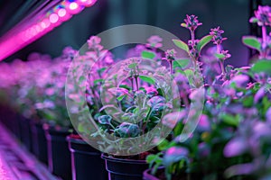 Indoor hydroponic farm with vibrant LED lights growing leafy greens and herbs. AI generated.