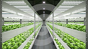 Indoor hydroponic vegetable plant factory in exhibition space warehouse. Interior of the farm hydroponics. Vegetables farm in